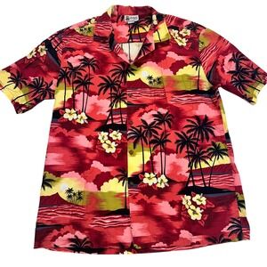 Aloha Republic Mens XL Hawaiian Shirt Red Sunset Palm Tree Made in Hawaii Cotton